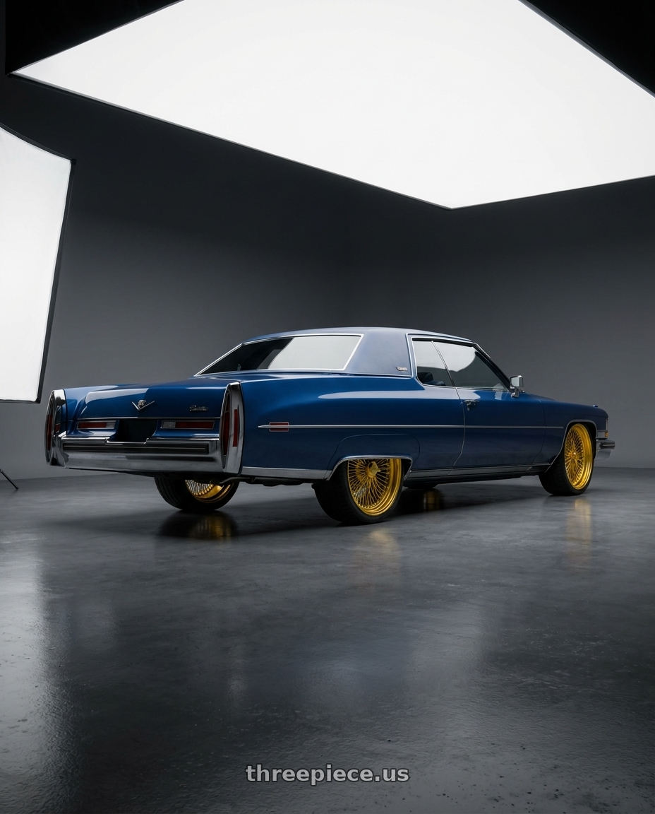 1973 Cadillac Coupe Devile with Amani AMA-603 5x120/5x127 26x9 +1 Yellow Gold wheels rear three quarter view extreme stretch tires
