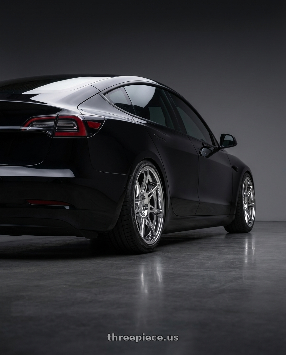 2021 tesla model 3 with Stage Wheels Foushee 5x114.3 18x8.5 +35 Chrome wheels rear three quarter view slight stretch tires