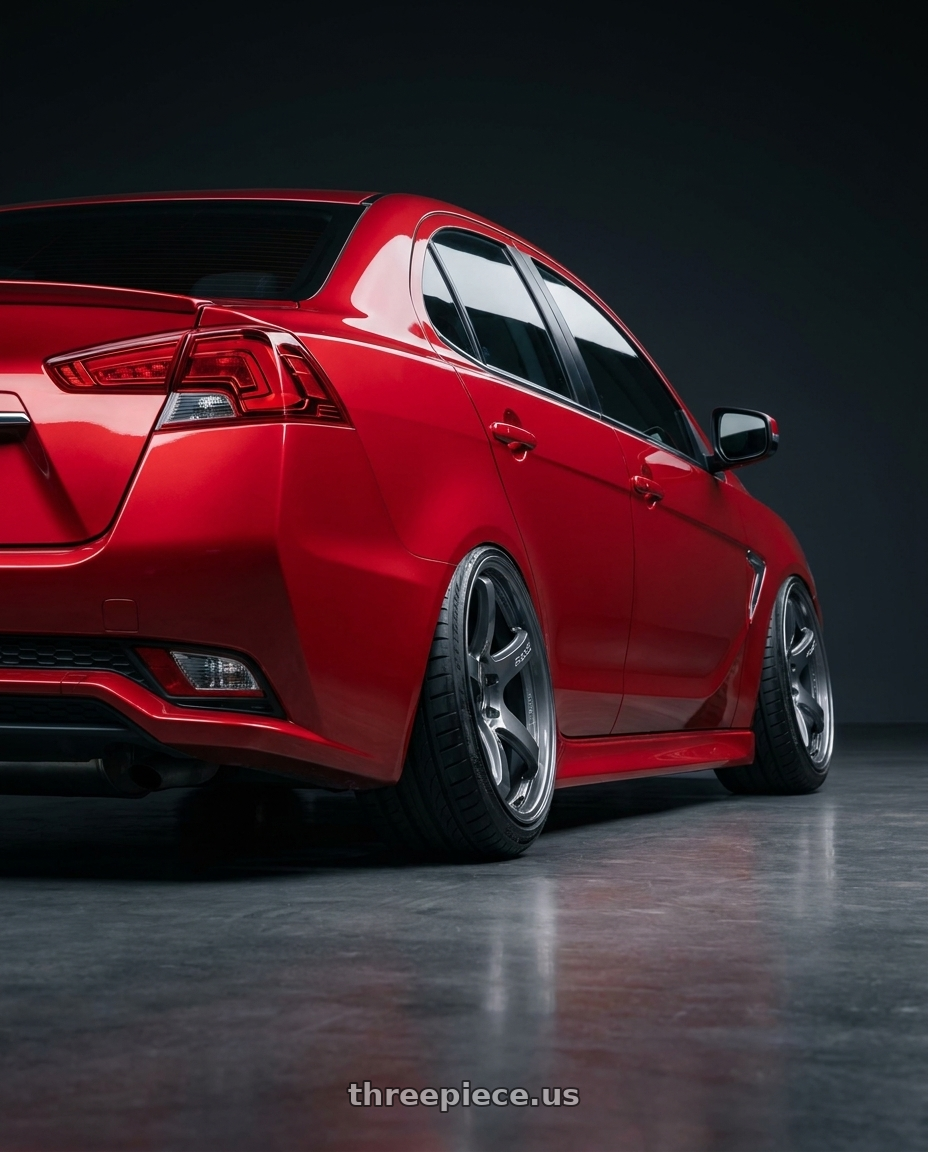 2017 Mitsubishi Grand Lancer 霓光紅  with Gram Lights 57CR 5x114.3 18x9.5+38 Glossy Grey wheels rear three quarter view extreme stretch tires