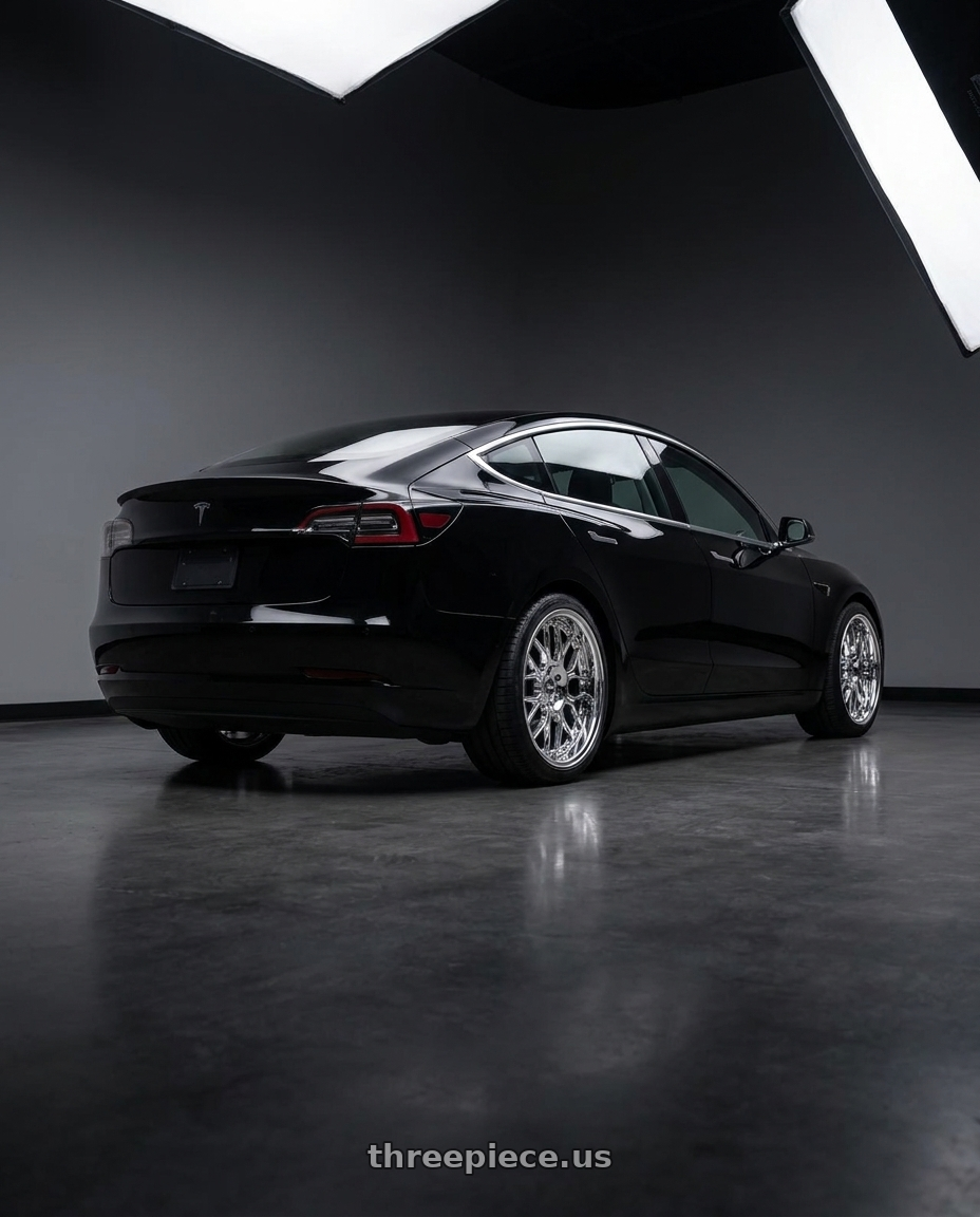 2026 Tesla Model 3 performance with ESR Wheels CS18 5x114.3 19x9.5 +35 Vacuum Chrome wheels rear three quarter view square tires