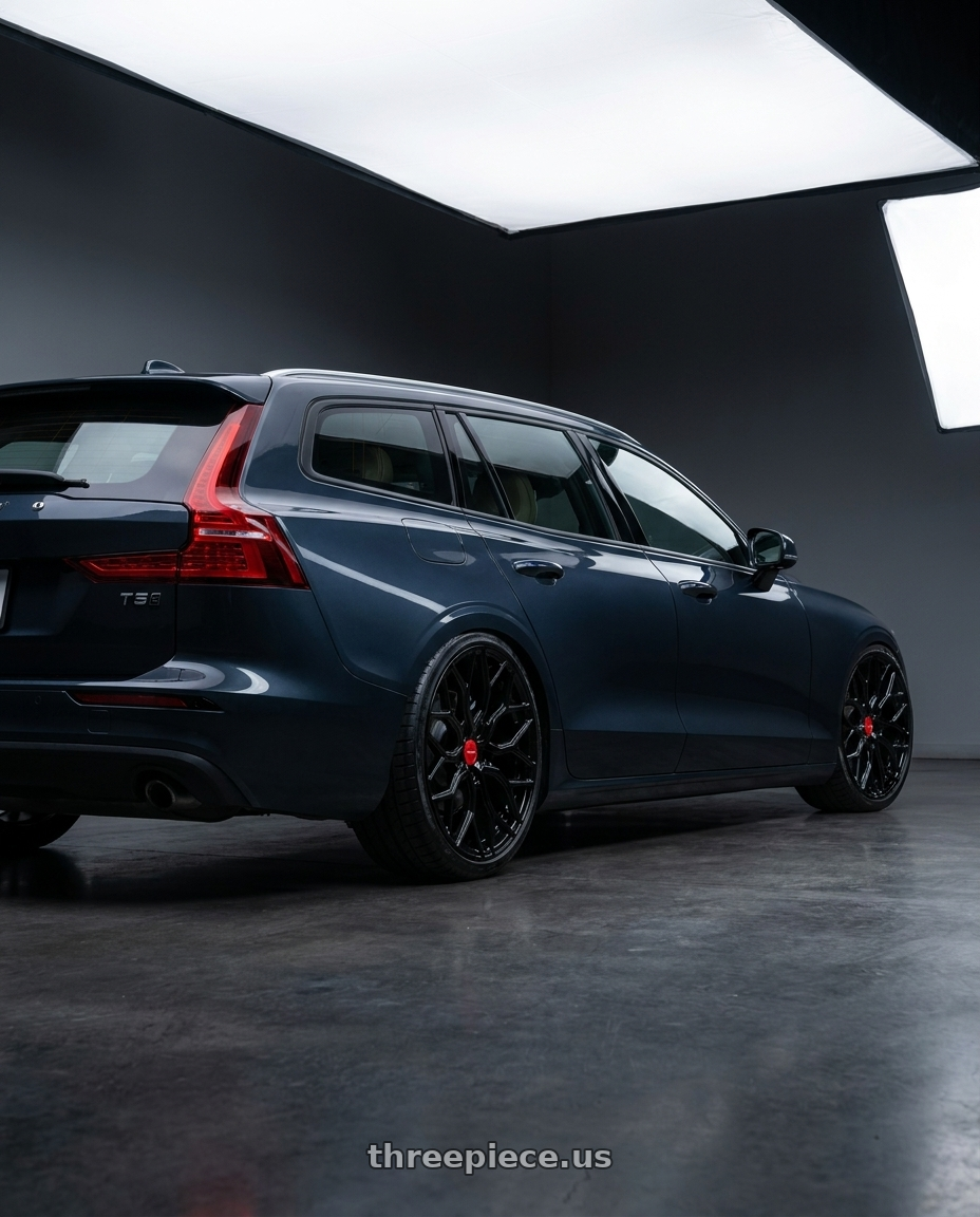 2019 Volvo v60 t5 with VOSSEN HF-2 5X120 20x9 +35 GLOSS BLACK wheels rear three quarter view slight stretch tires