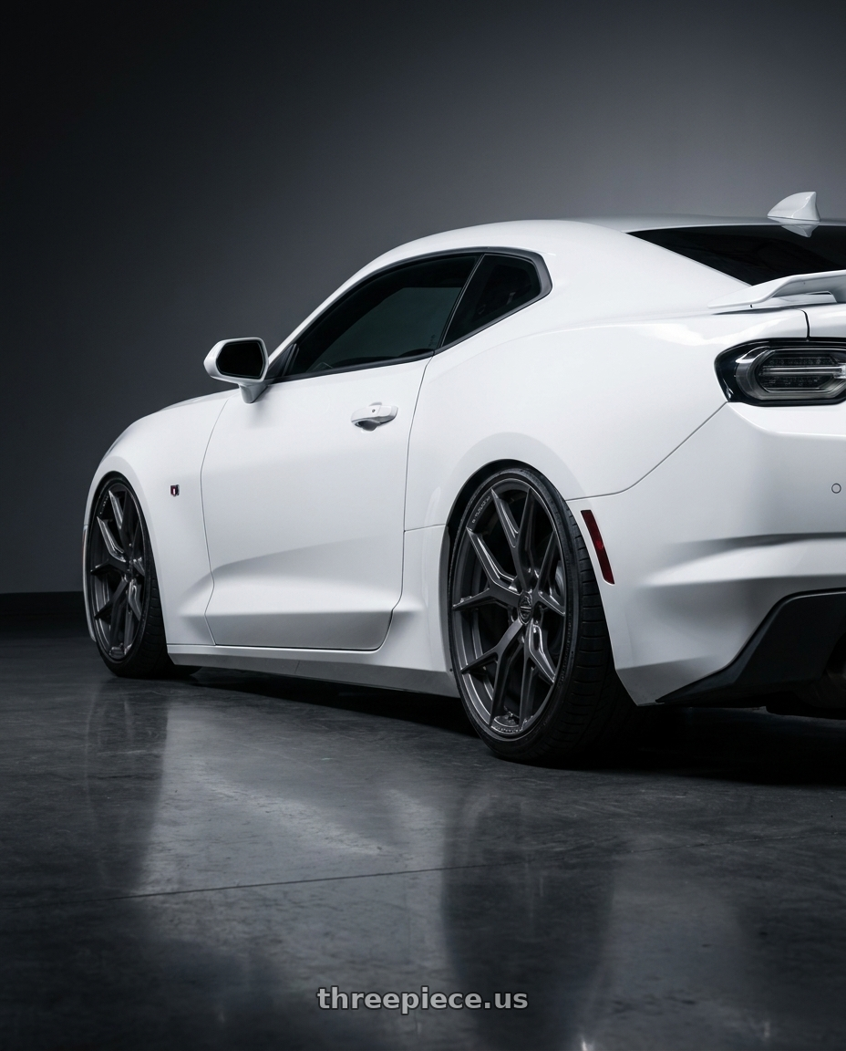 2022 Chevrolet Camaro with Vossen HF-5 20x9 / 5x120 / ET35 / Flat Face / 72.56 - Matte Gunmetal Wheel - HF5-0B02 wheels rear three quarter view slight stretch tires