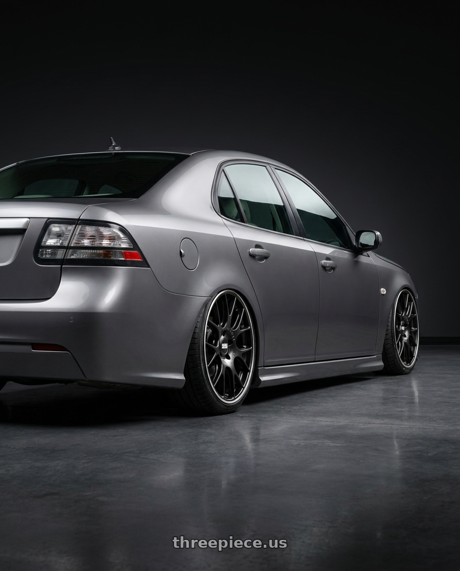 2009 Saab 9 3 with BBS CH-R 5x112 18x8.5 +38 Satin Black Polished Rim Protector wheels rear three quarter view slight stretch tires