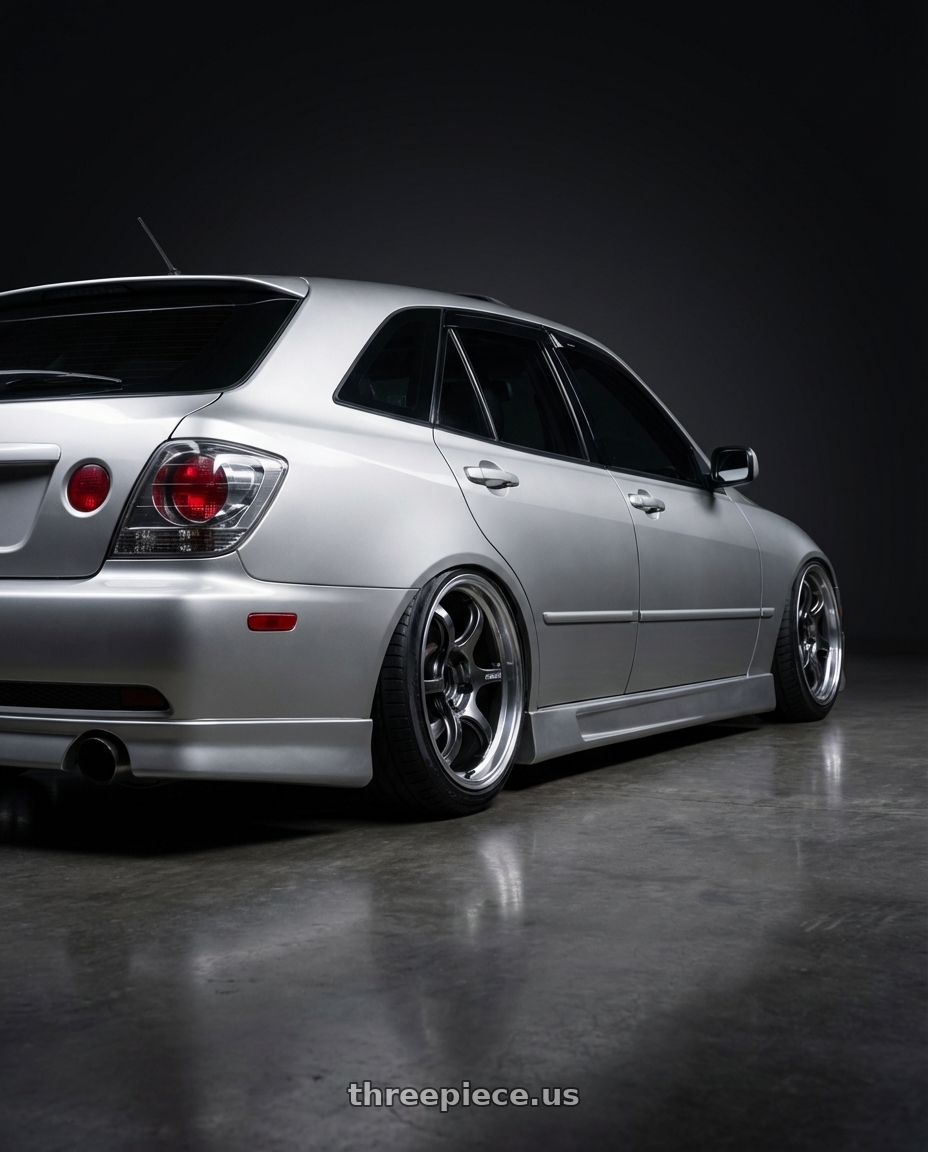 2002 lexus is300 sportcross with Advan Racing RG-D2 5x114.3 17x9.0 +35 MACHINING & BLACK GUNMETALLIC wheels rear three quarter view extreme stretch tires