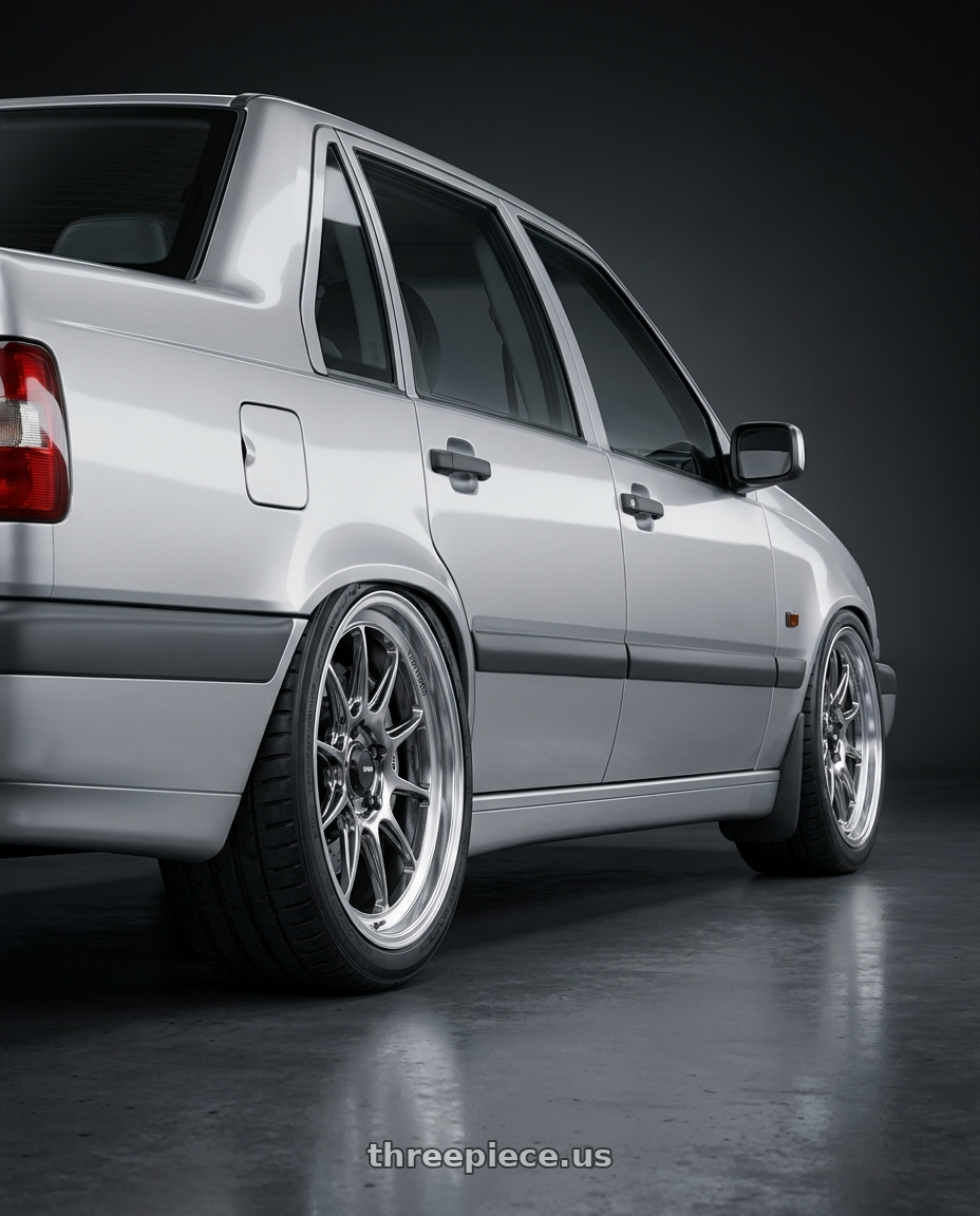 1996 Volvo 850 GLE, Silver, Big brake kit silver 6 piston calipers. with Konig Countergram 5x108 19x8.5+43 Hyper Chrome / Machined Lip wheels rear three quarter view square tires