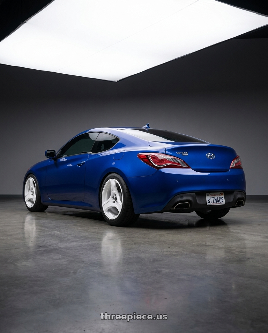 2013 Hyundai genesis coupe  with HERITAGE WHEEL BUSHIDO MONOC 5x114.3 18x8.5 +35 WHITE wheels rear three quarter view meaty tires