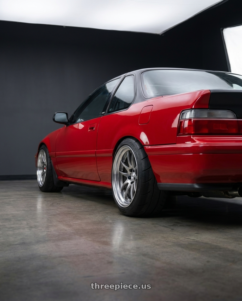 1991 Honda prelude with Work Cr 2P 4x100 16x7 +12 GT Silver wheels rear three quarter view excessive tires