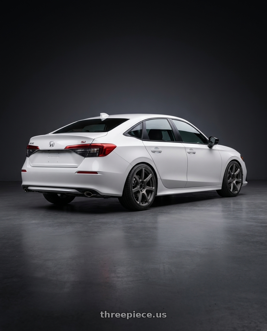 2026 Honda Civic Si with Work Emotion T7r 5x100 18x9.5 +12 Matte Gunmetal wheels rear three quarter view slight stretch tires