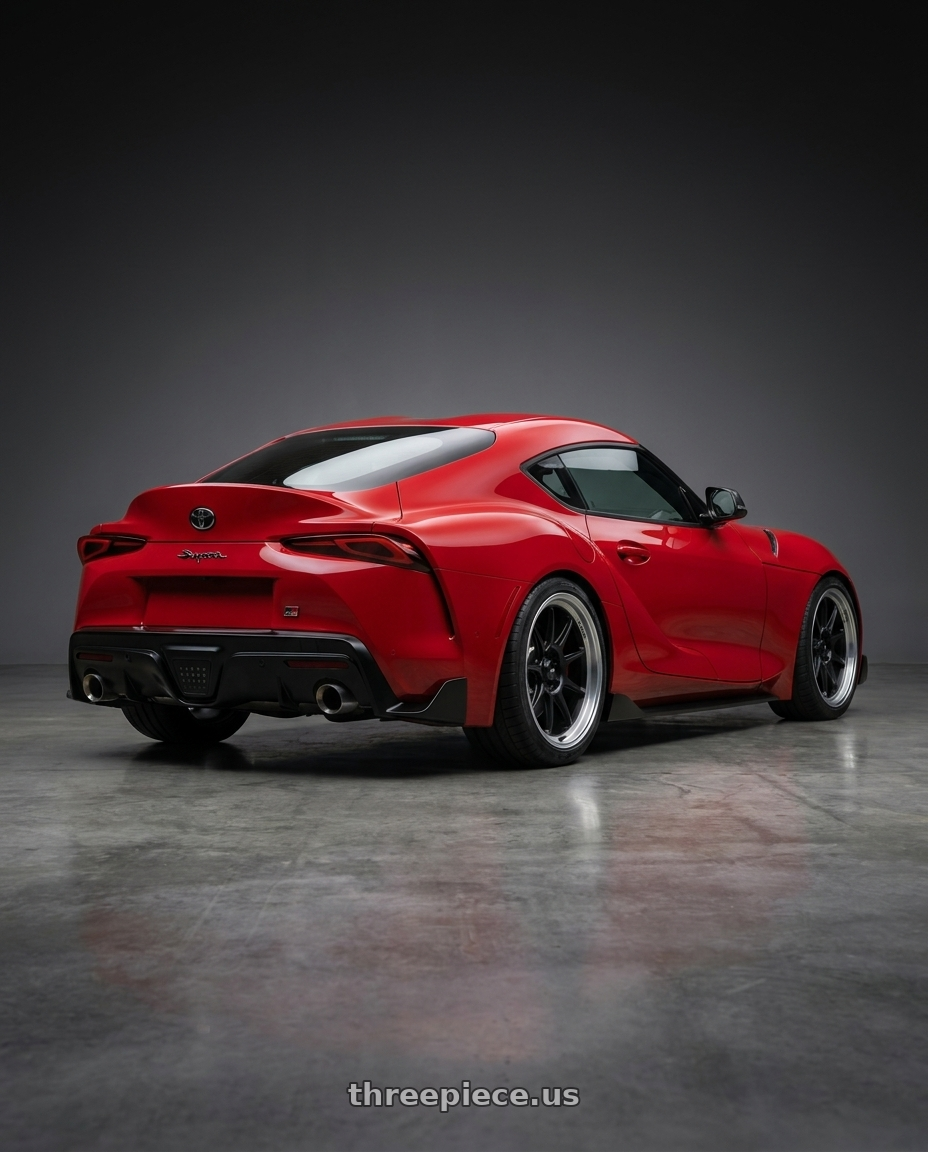 2023 Toyota GR Supra with Konig Countergram 5x112 19x9.5+30 Matte Black / Matte Machined Lip wheels rear three quarter view square tires