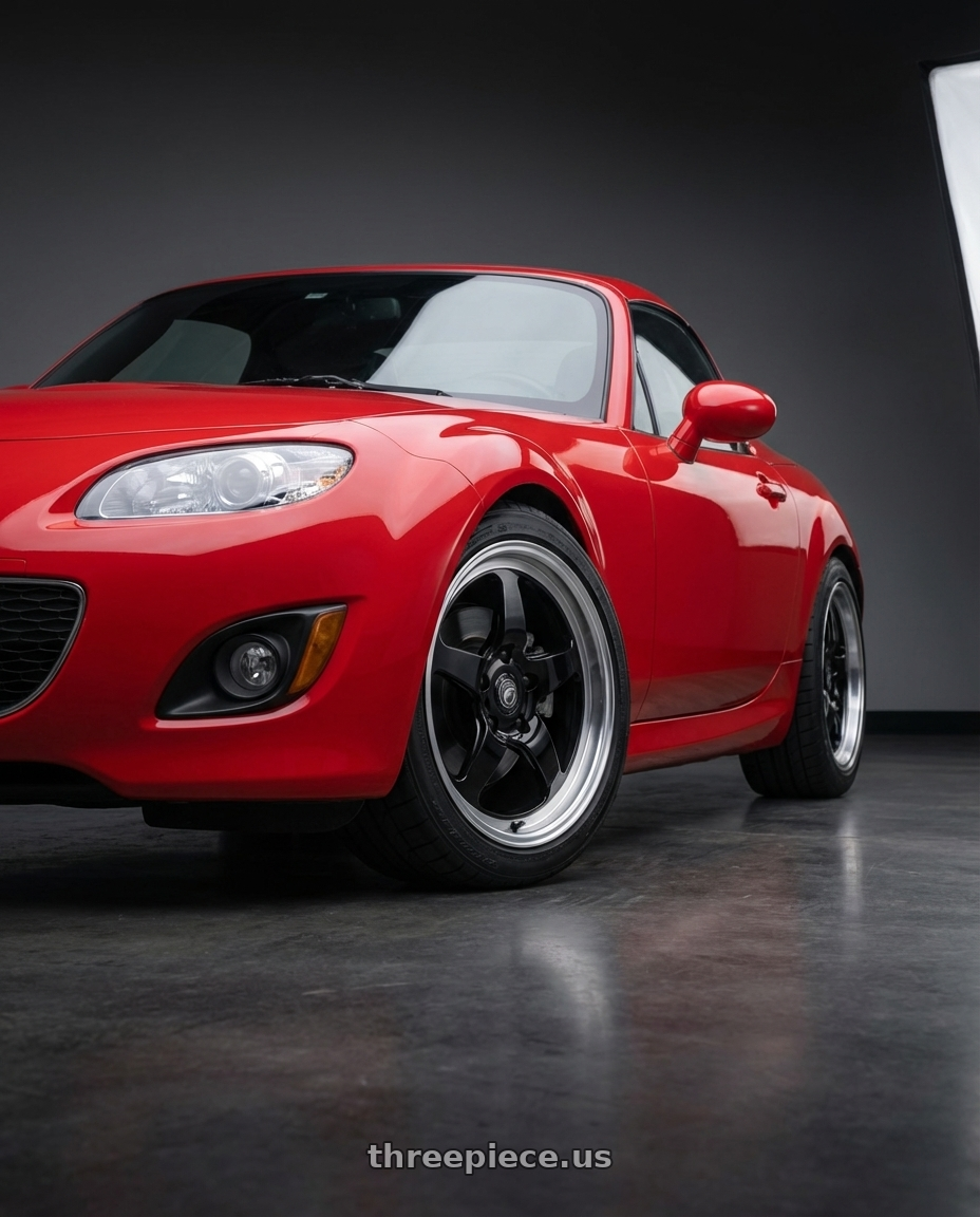 2012 Mazda MX-5 Miata NC with Forgestar D5 Drag 5x114.3 17x5 -21 Gloss Black Machined wheels front three quarter view lowered stance