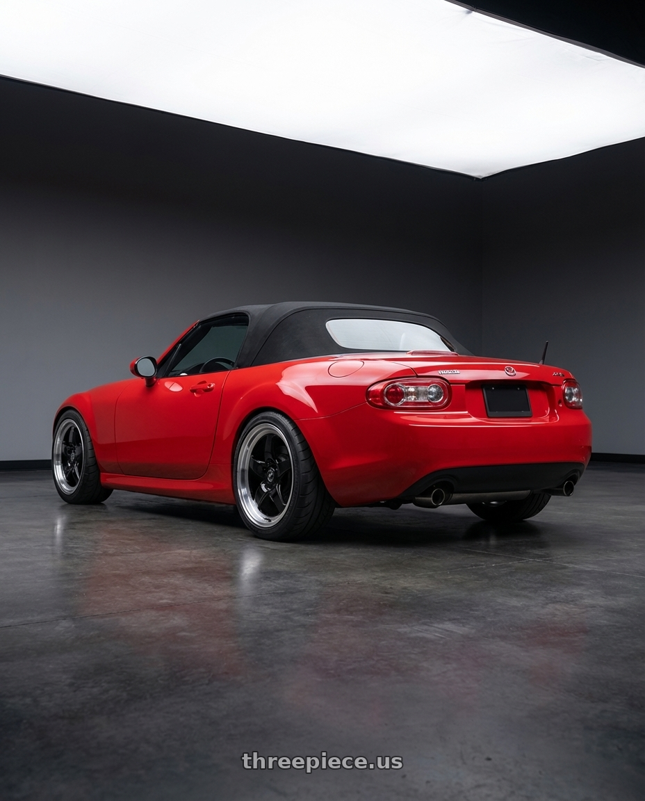 2012 Mazda MX-5 Miata NC with Forgestar D5 Drag 5x114.3 17x5 -21 Gloss Black Machined wheels rear three quarter view square tires