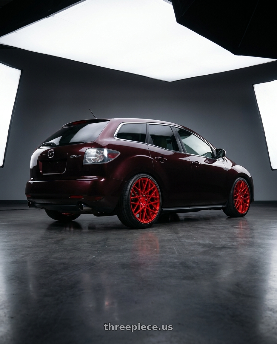 2010 Mazda cx7 with Rotiform 1PC R109 BLQ 5X112 19X8.5 +45 CANDY RED wheels rear three quarter view slight stretch tires