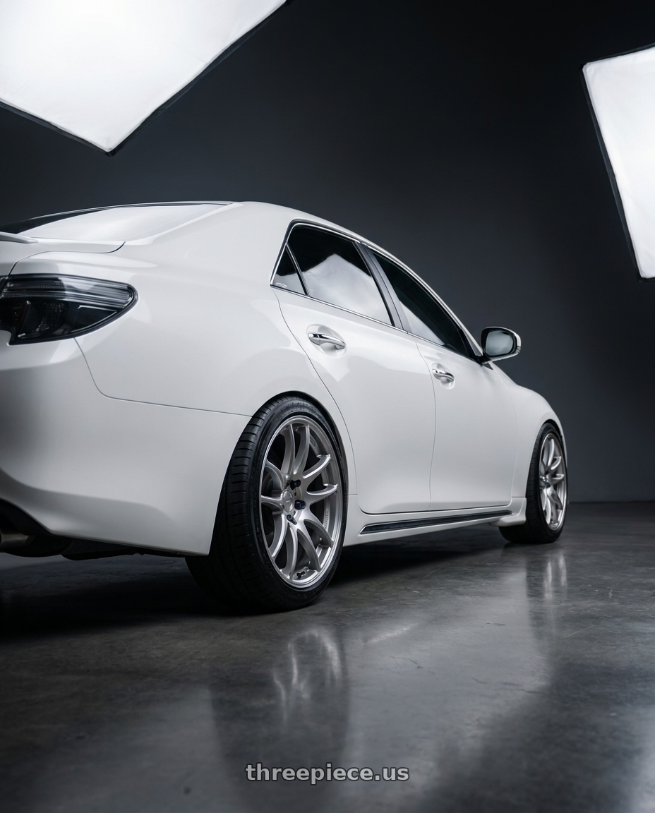 2014 Toyota Mark X with Work Emotion Cr Kiwami 5x100 18x8.5 +47 Gt Silver wheels rear three quarter view square tires