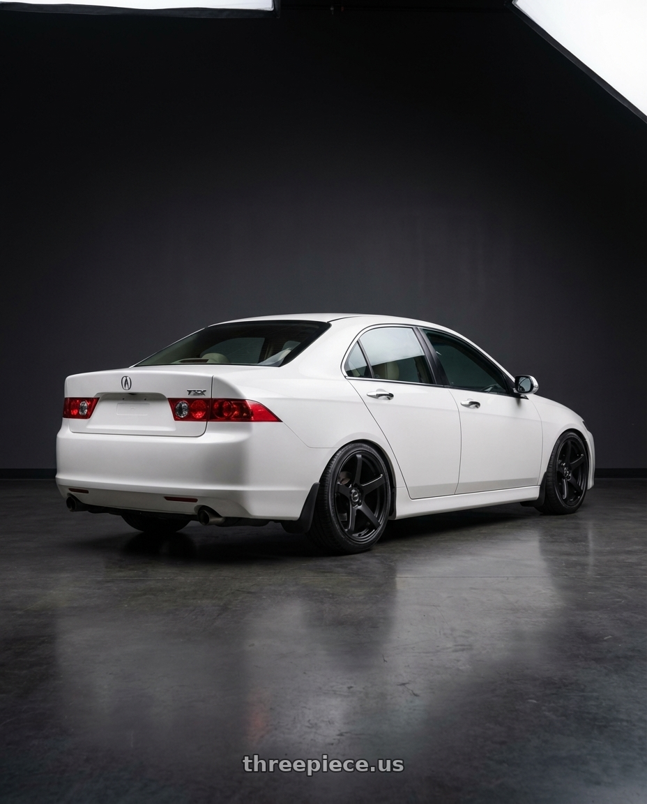 2005 Acura tsx with Enkei Kojin 5x114.3 17x8+35 Matte Black wheels rear three quarter view slight stretch tires