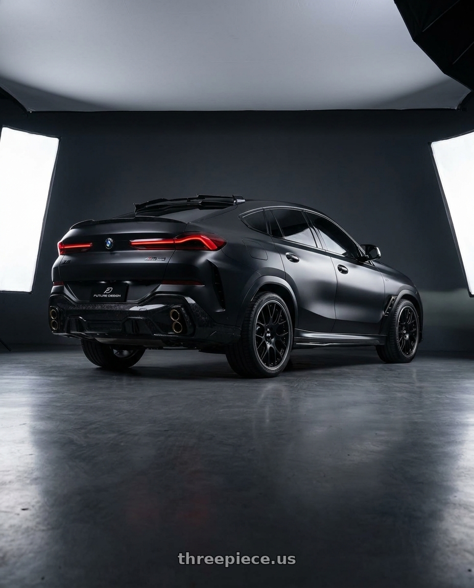 2025 BMW x6 40i black with BBS CH-RII 5x120 22x10.5 +30 Satin Black Center Platinum Lip SS Rim Prot wheels rear three quarter view square tires