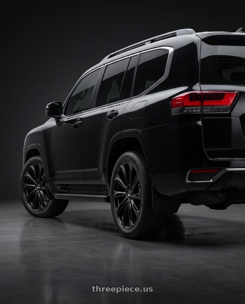2025 Toyota Land Cruiser LC300 Black with ECLIPSE 106 5X114.3 20x8.5 +38 FULL SATIN BLACK wheels rear three quarter view square tires