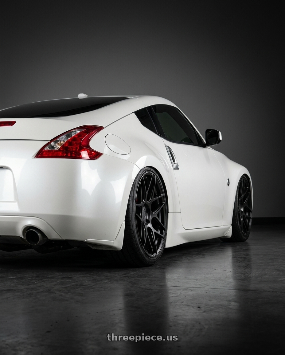 2019 Nissan 370Z with Aodhan AFF2 5x114.3 19x9.5+35 Matte Black wheels rear three quarter view slight stretch tires