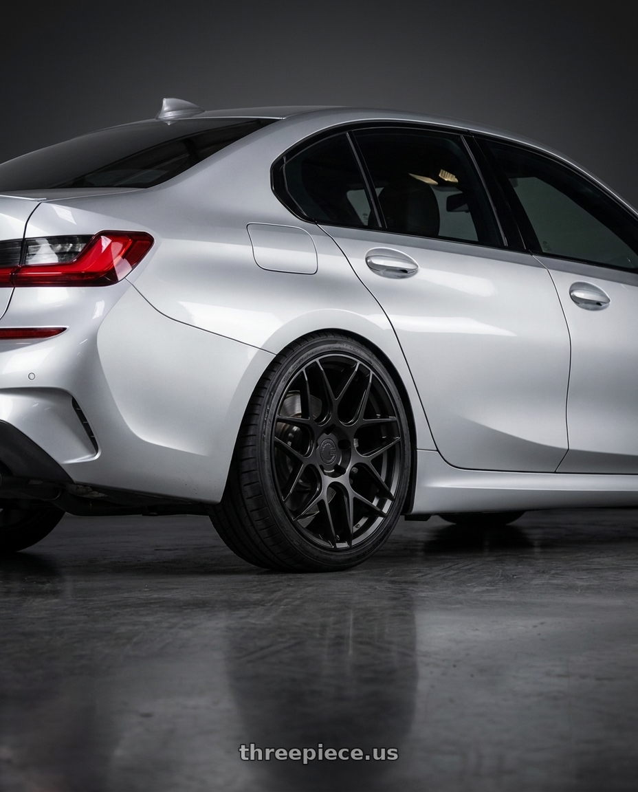 2023 BMW 3 Series G20 with Aodhan AFF2 5x112 19x9.5+35 Matte Black wheels rear three quarter view square tires