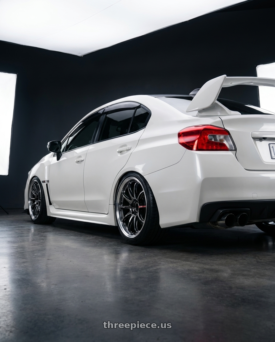 2016 Subaru wrx Va sti with Work Emotion Zr10 5x114.3 18x9.5 +38 Glim Black Diamond Rim cut wheels rear three quarter view slight stretch tires