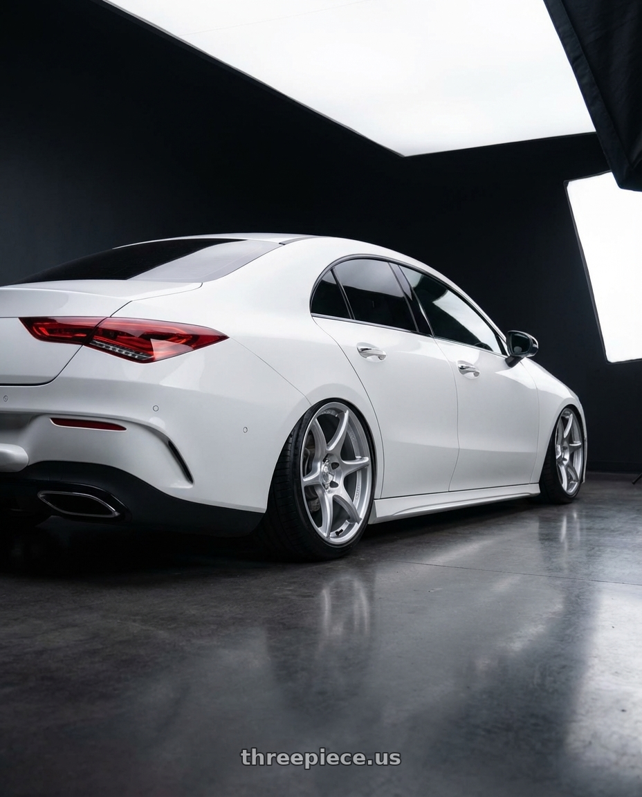 2023 Mercedes-Benz CLA C118 with Kansei K11S Tandem 5X112 19x9.5 22 Hyper Silver wheels rear three quarter view slight stretch tires