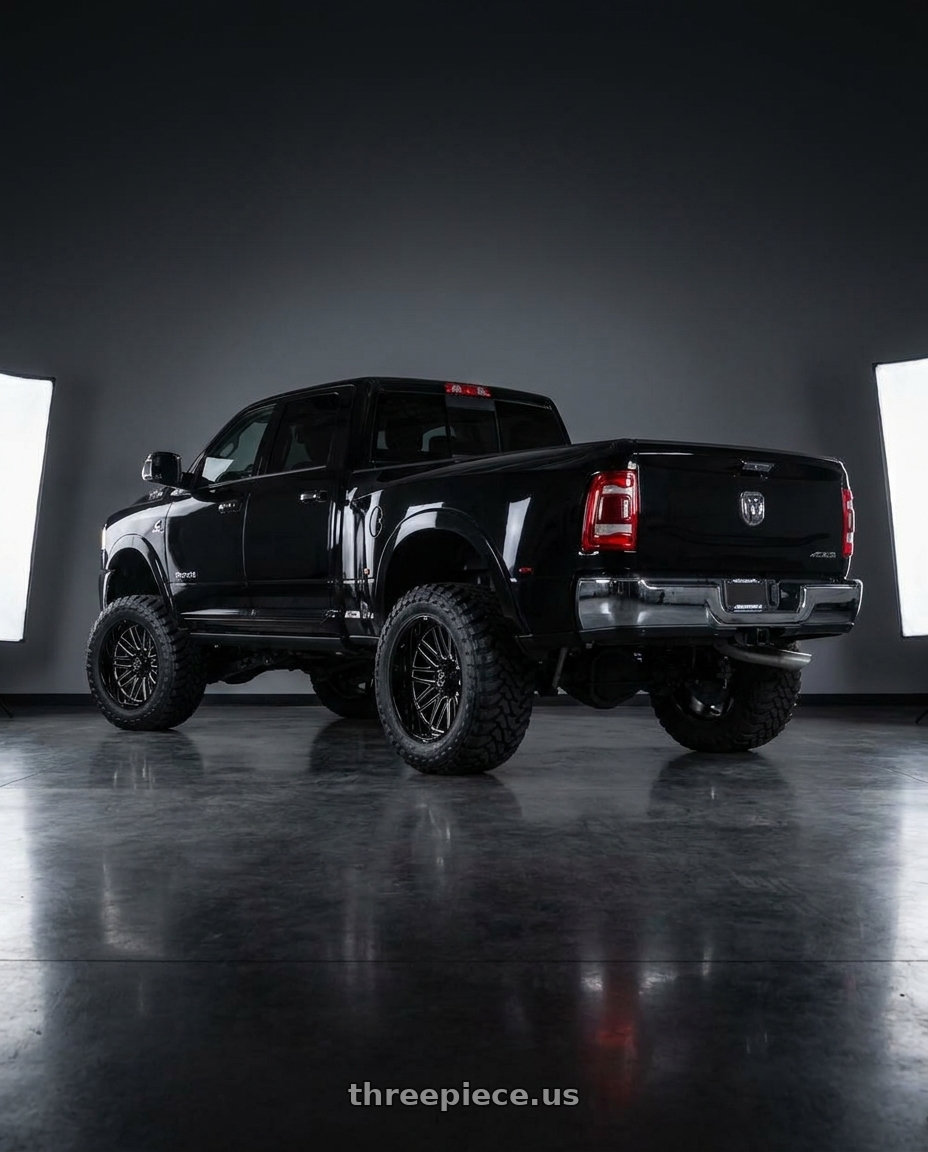 2019 Dodge mega cab dually with XF Off-Road XF-240 6x135/6x139.7 20x10 -24 Gloss Black & Milled wheels rear three quarter view meaty tires