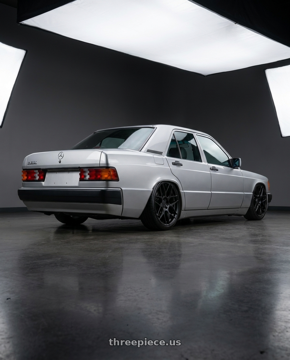 1992 Benz W201 with Aodhan AFF2 5x114.3 19x8.5+35 Matte Black wheels rear three quarter view slight stretch tires
