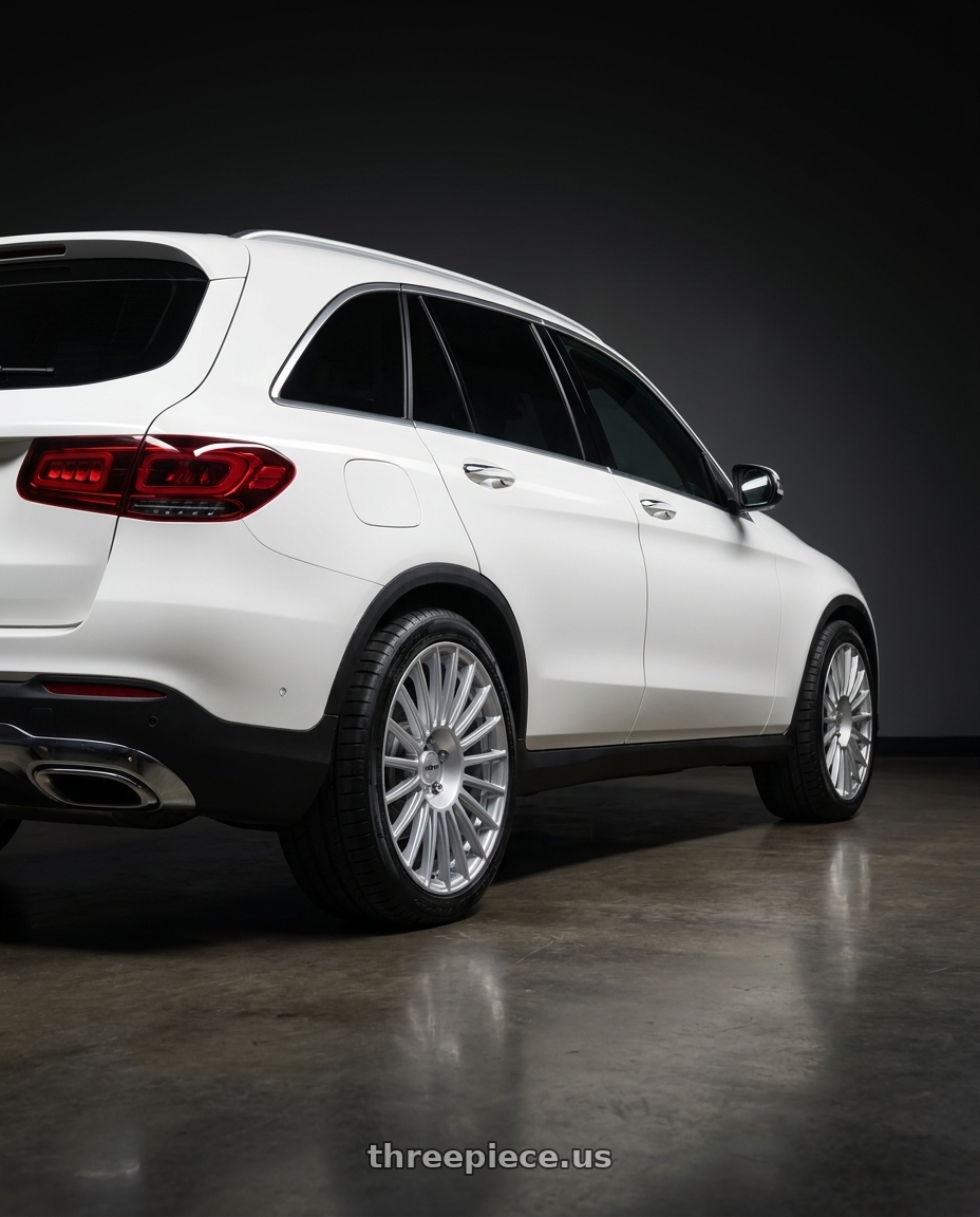 2022 Mercedes Glc300 with Rotiform 1PC R153 BUC 5X112 18X8.5 +45 GLOSS SILVER wheels rear three quarter view square tires