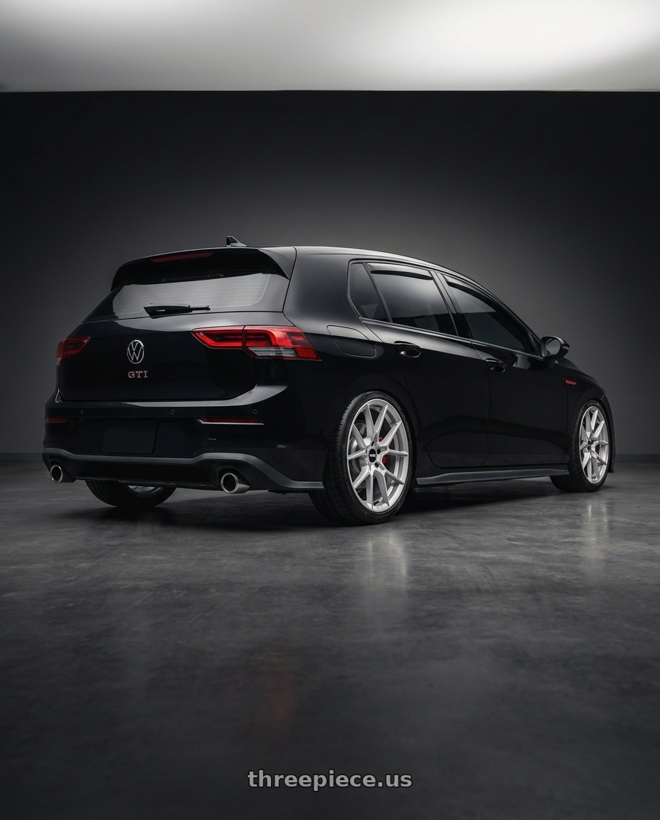 2023 Volkswagen Golf GTI performance with Rotiform RC199 KPR 5X112 19x8.5 +45 SILVER wheels rear three quarter view slight stretch tires