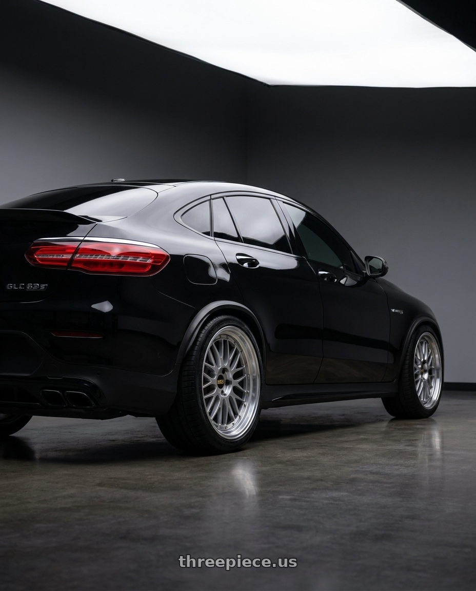 2021 mercedes glc63s with BBS LM 5x112 21x10.0+40 Diamond Silver wheels rear three quarter view square tires