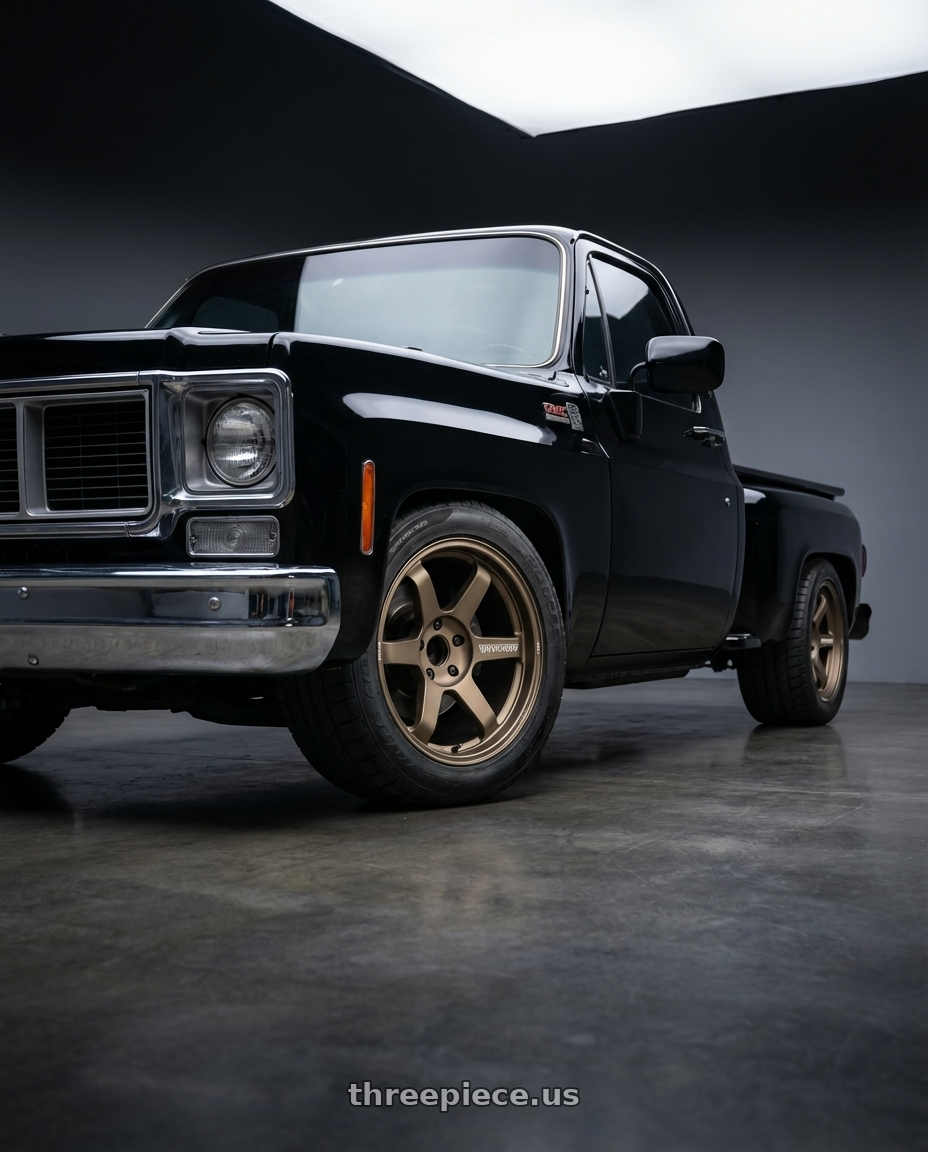 1974 GMC Sierra with Volk Racing TE37 Ultra M Spec 5x112 19x9.5+23 19x10.5+35 Bronze Almite Toyota Supra MK5 Spec wheels
