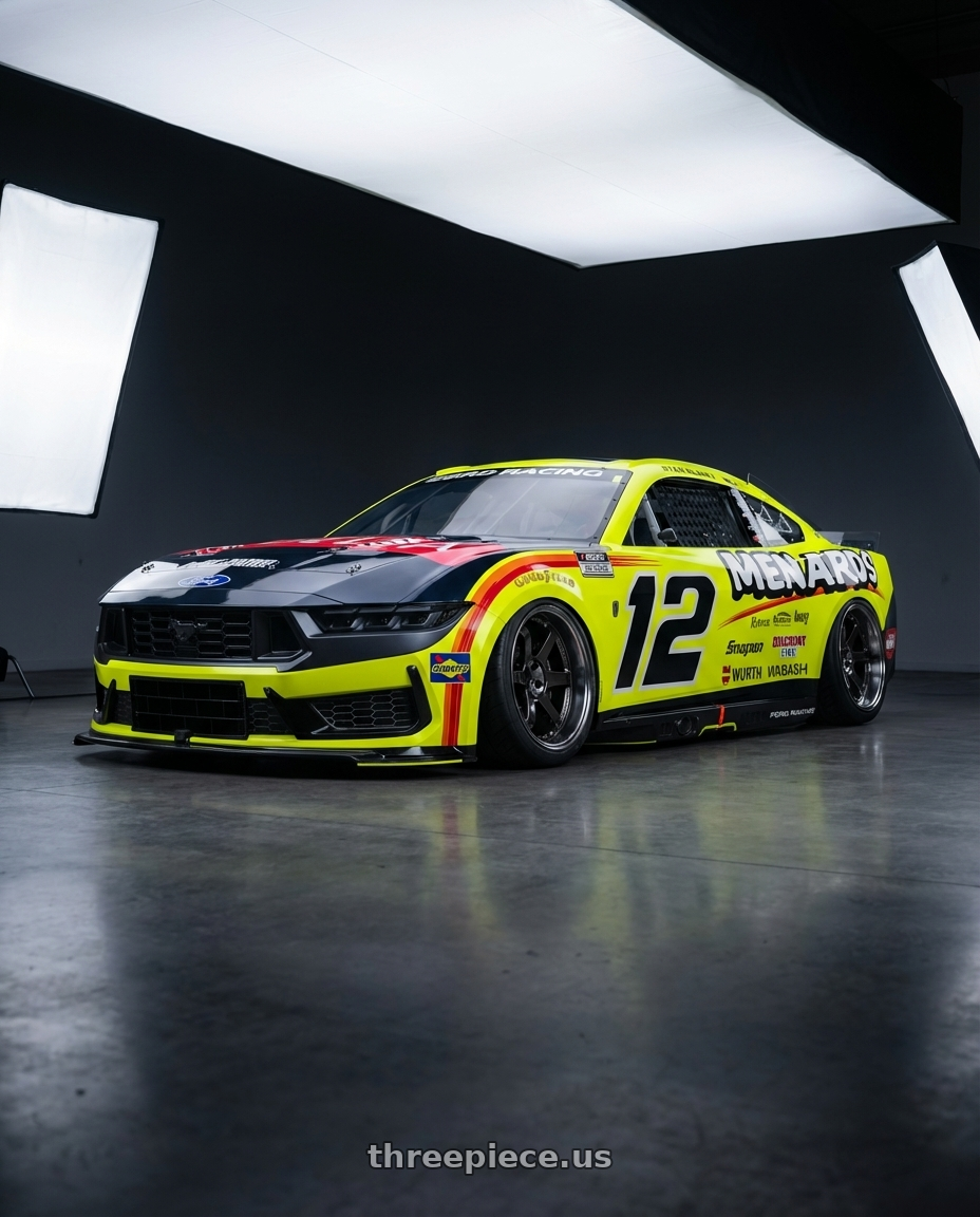 2026 Ford Mustang Darkhorse Cup Car with Volk Racing TE37SL 5x114.3 19x10.5+12 Pressed Double Black wheels front three quarter view stanced stance