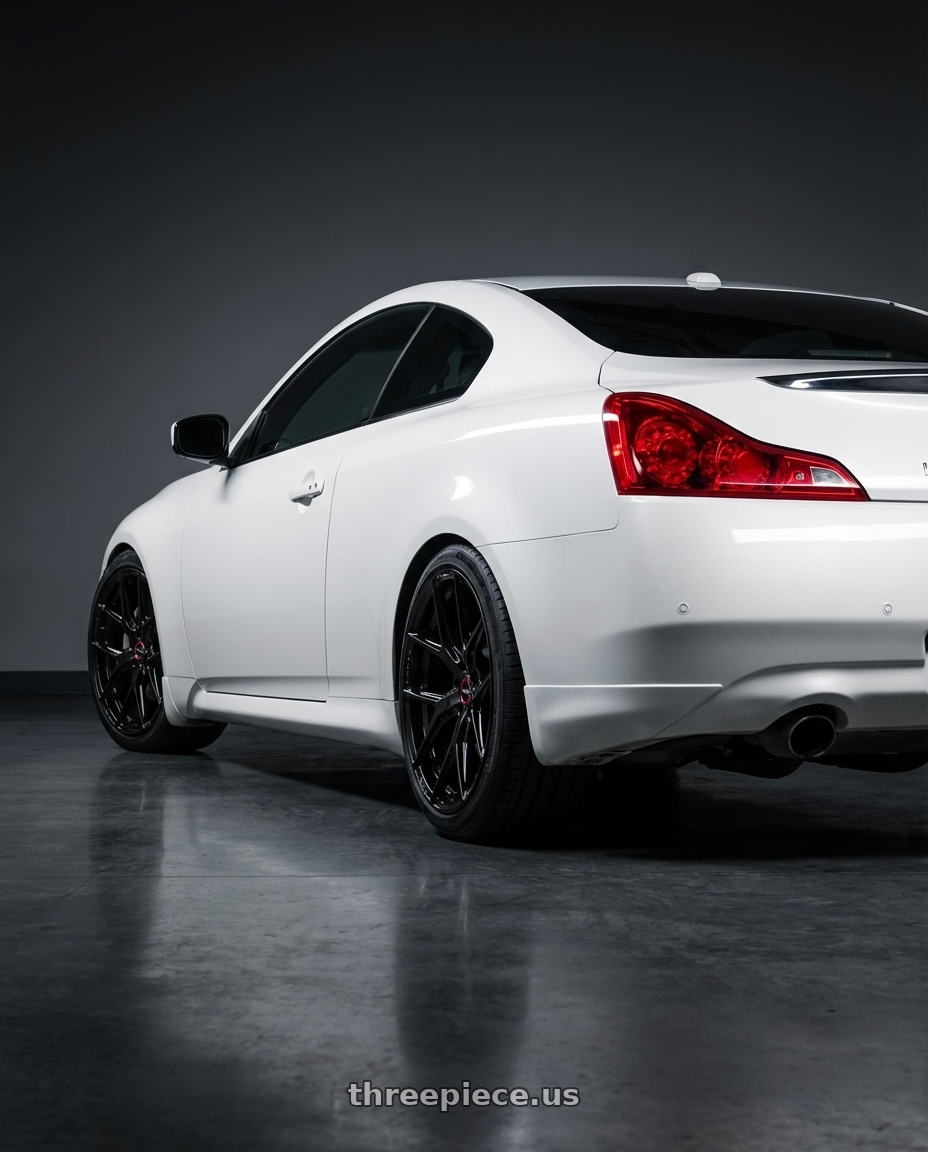 2014 Infiniti G37 Coupe with Vossen HF-5 19x8.5 / 5x114.3 / ET32 / Flat Face / 73.1 - Gloss Black Wheel - HF5-9N60 wheels rear three quarter view square tires