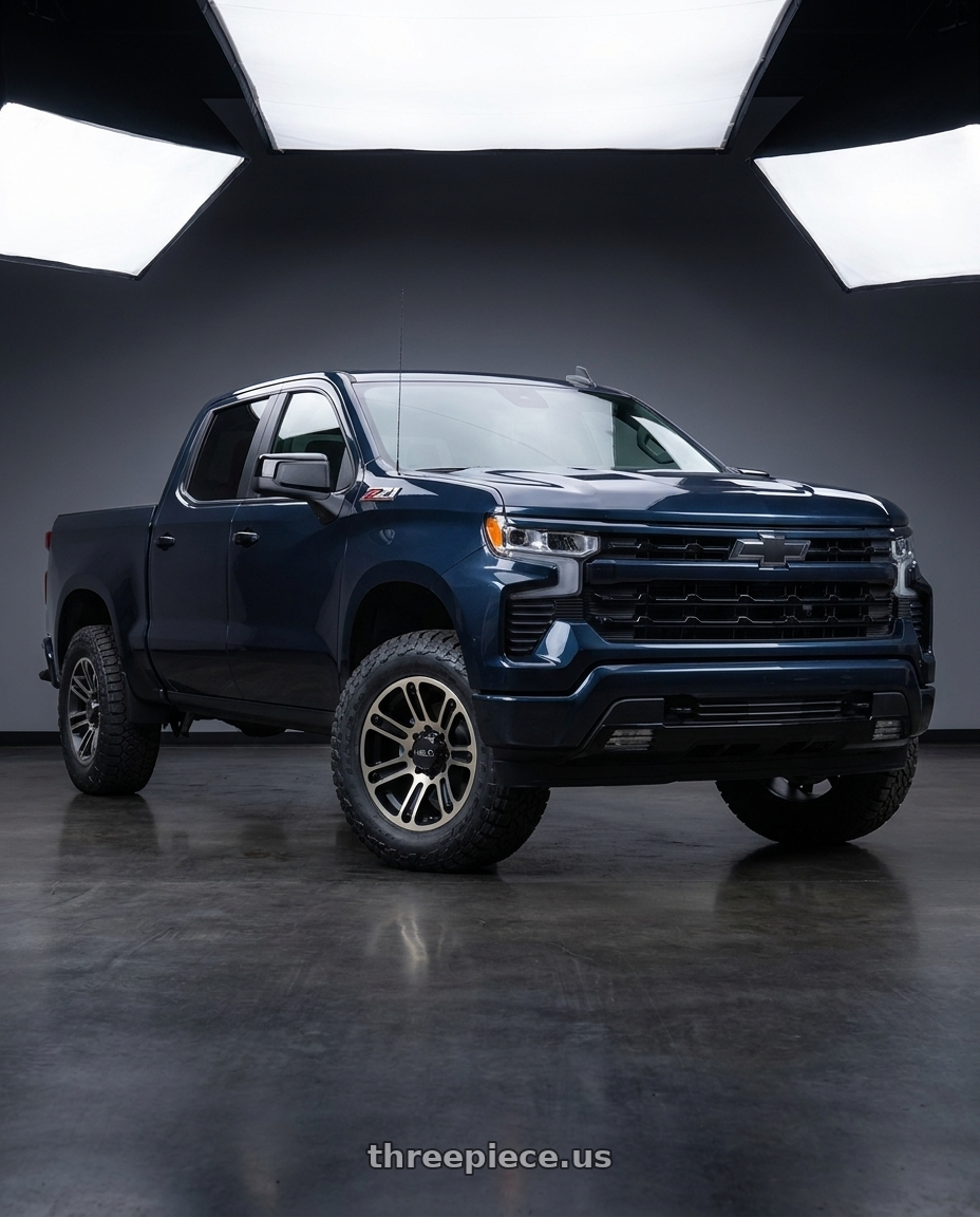 2023 Chevrolet Silverado 1500 with Helo HE904 6X139.7 20X9 -12 SATIN BLACK MACHINED DARK TINT wheels