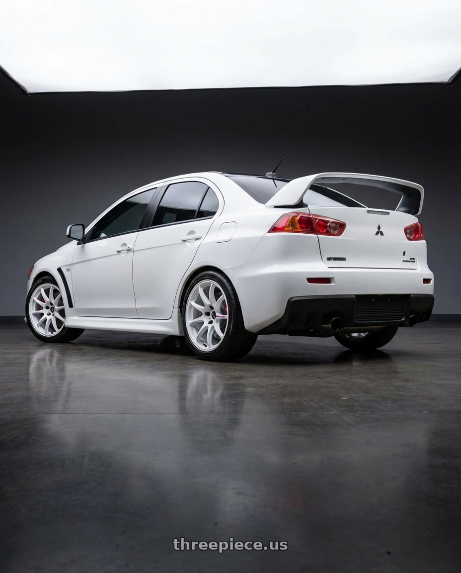 2015 evo x with Work Emotion Zr10 5x100 18x9.5 +22 Azure White wheels rear three quarter view square tires