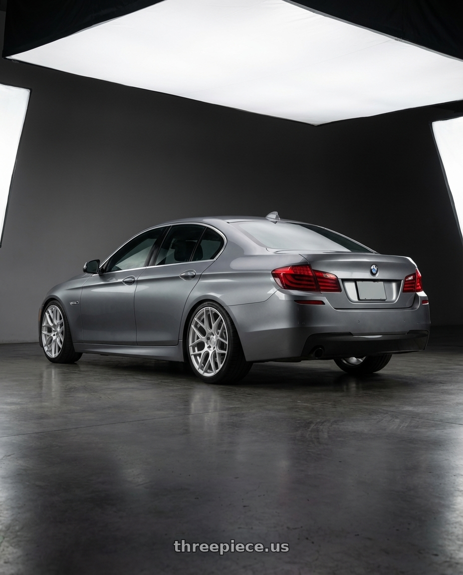 2016 BMW 5 Series F10 with Aodhan AFF2 5x120 19x9.5+35 Gloss Silver Machined Face wheels rear three quarter view square tires