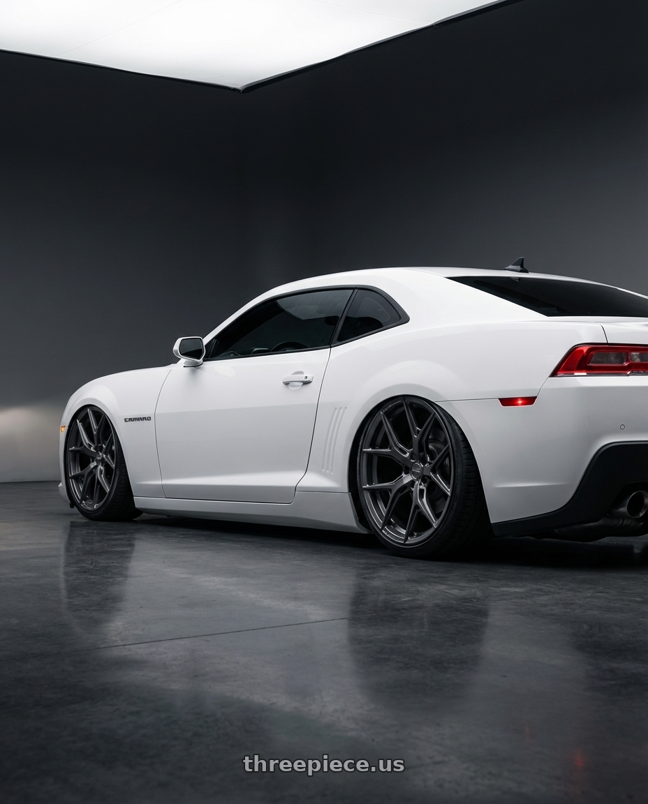 2014 Chevrolet Camaro 5th Gen with Vossen HF-5 20x9 / 5x120 / ET35 / Flat Face / 72.56 - Matte Gunmetal Wheel - HF5-0B02 wheels rear three quarter view slight stretch tires