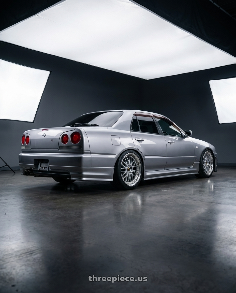 1998 Nissan skyline 25GT Four with Work Vs-Xx 5x100 18x9.5+19 A Disk Light Grey Silver wheels rear three quarter view square tires