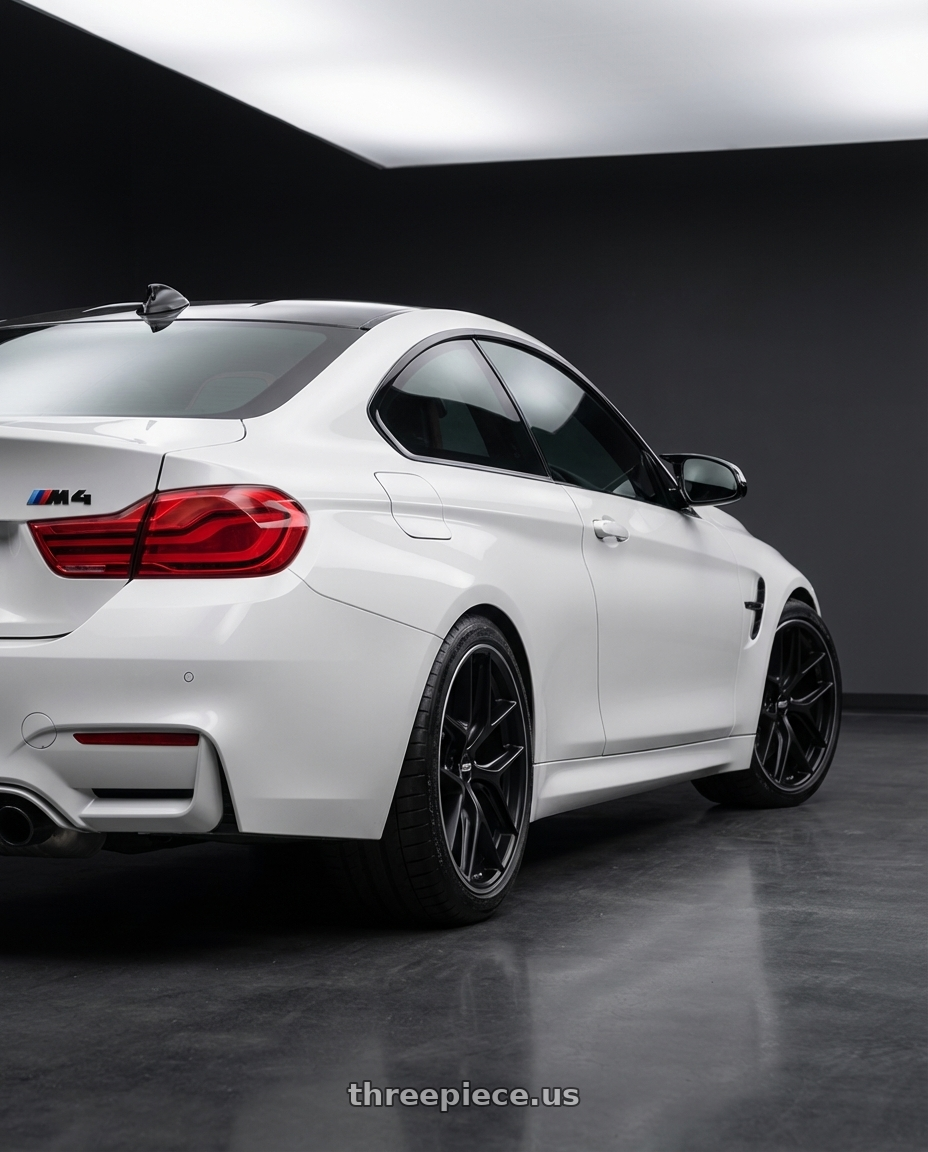 2018 BMW M4 F82 with BBS CC-R 5x120 19x9.0+26 Satin Black wheels rear three quarter view square tires