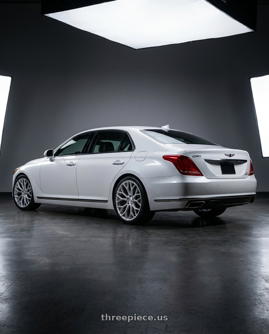 2018 genesis g90 ultimate with DOLCE PERFORMANCE PISTA 5x114.3 20x8.5 +38 Gloss Silver Machined Face wheels rear three quarter view square tires
