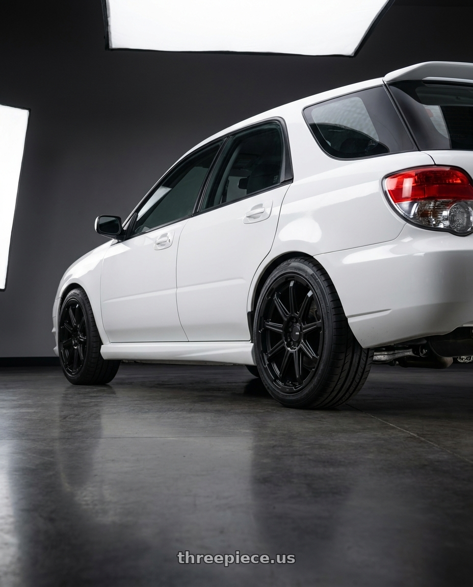 2006 Wrx Wagon with Enkei Adventurer 5x100 18x8+35 Matte Black wheels rear three quarter view square tires
