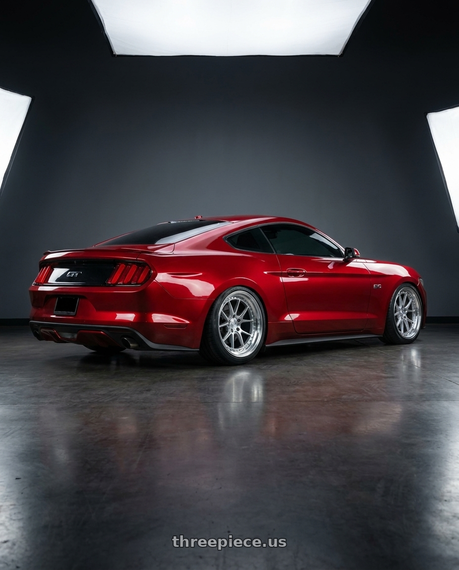 2015 mustang gt with Aodhan DS08 5X114.3 19x9.5+30 Silver w/Machined Face wheels rear three quarter view square tires