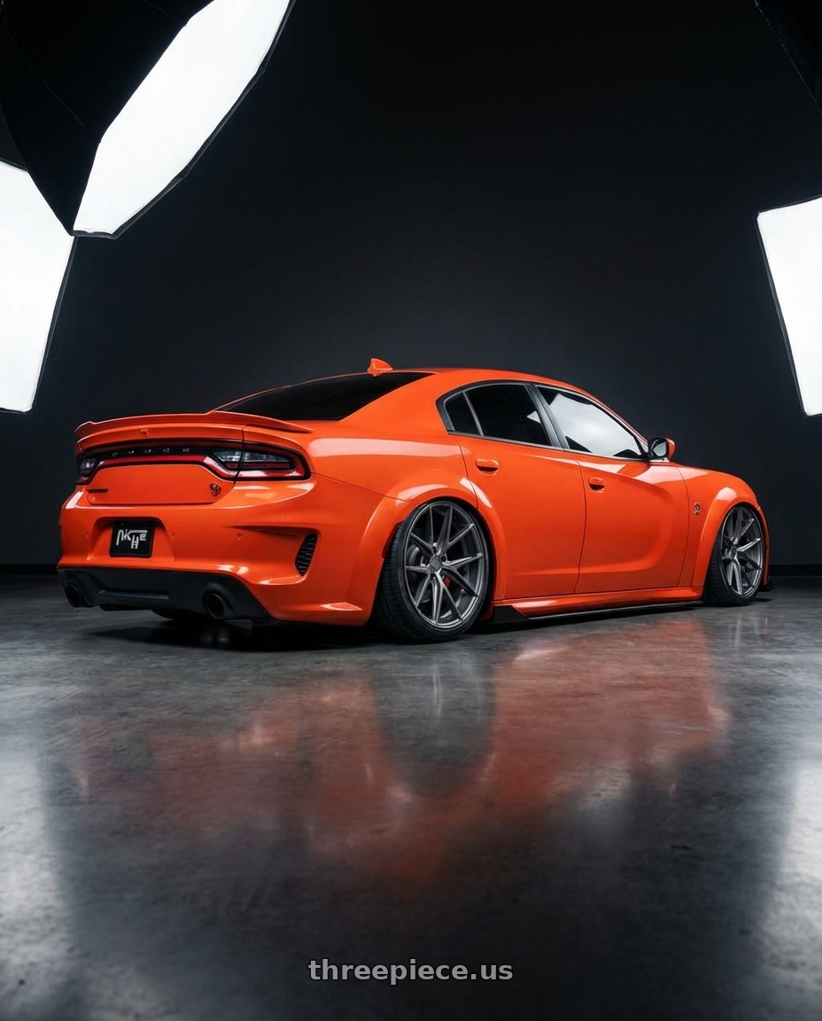 2020 Dodge Charger Widebody with Niche 1PC M116 MISANO 5X115 20X10.5 +20 MATTE GUN METAL wheels rear three quarter view slight stretch tires