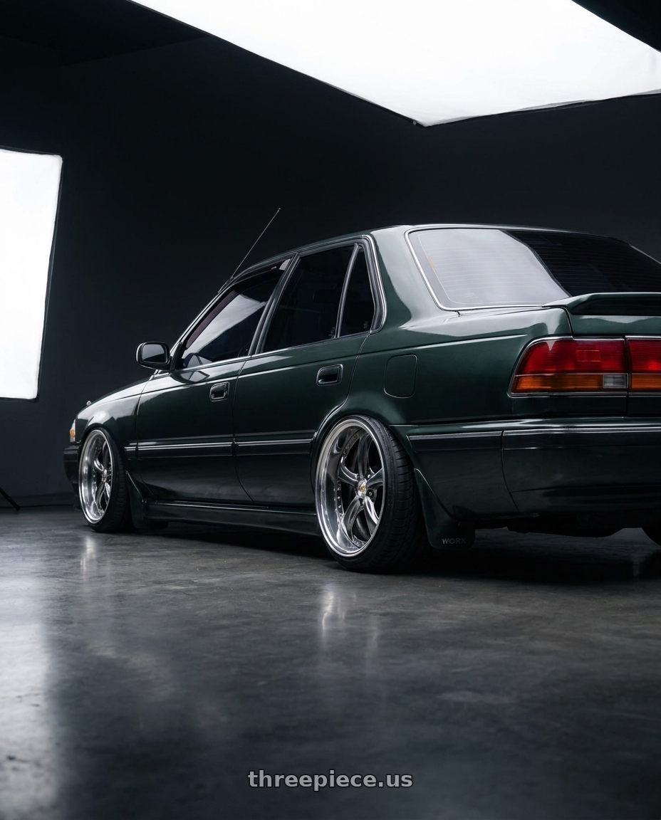 1993 toyota corona 深綠色 with Work Wheels VS-KF 5X114.3 19x9.5-29 Brilliant Silver Black A Disk FULL REVERSE wheels rear three quarter view extreme stretch tires