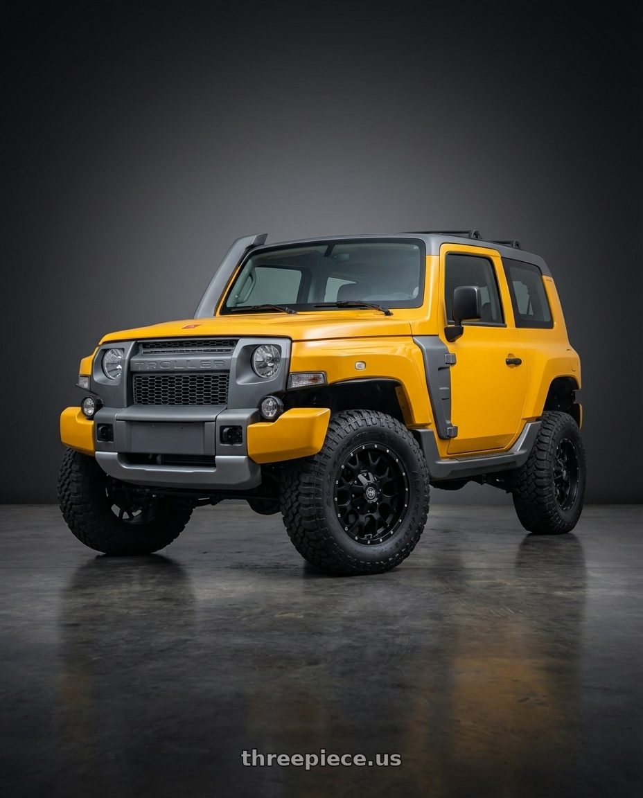 troller t4 2015 with Mayhem Warrior 8015 8x165.1/8x170 17x9+18 Matte Black wheels front three quarter view stock stance