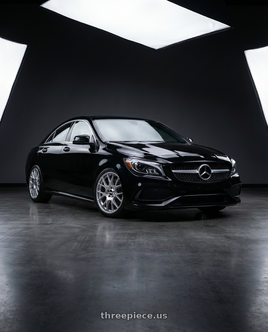 2018 Mercedes-Benz CLA C117 with BBS CH-R 5x112 19x9.5 +45 Brilliant Silver Polished Rim Protector wheels front three quarter view lowered stance
