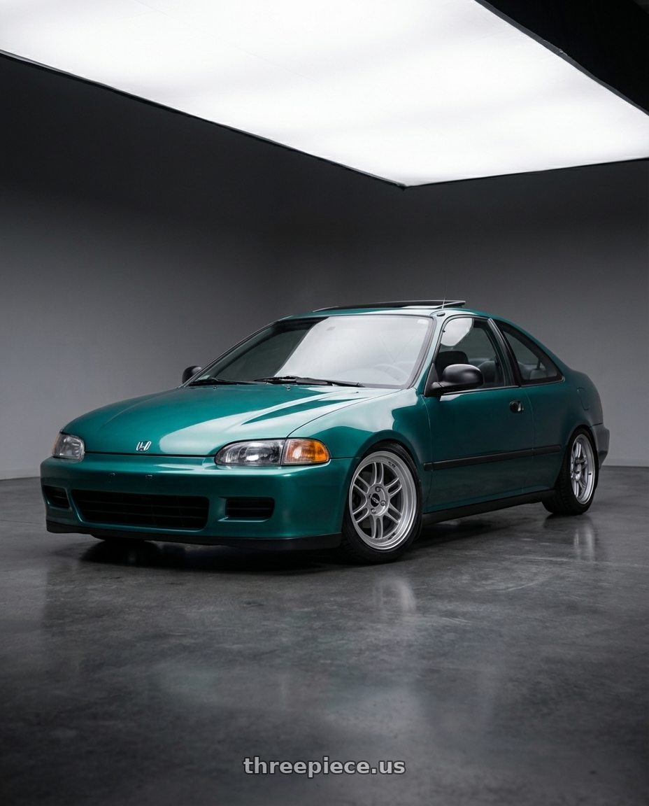 1993 Honda Civic ej2  with Enkei RPF1 4x100 16x8+38 Silver wheels front three quarter view slammed stance