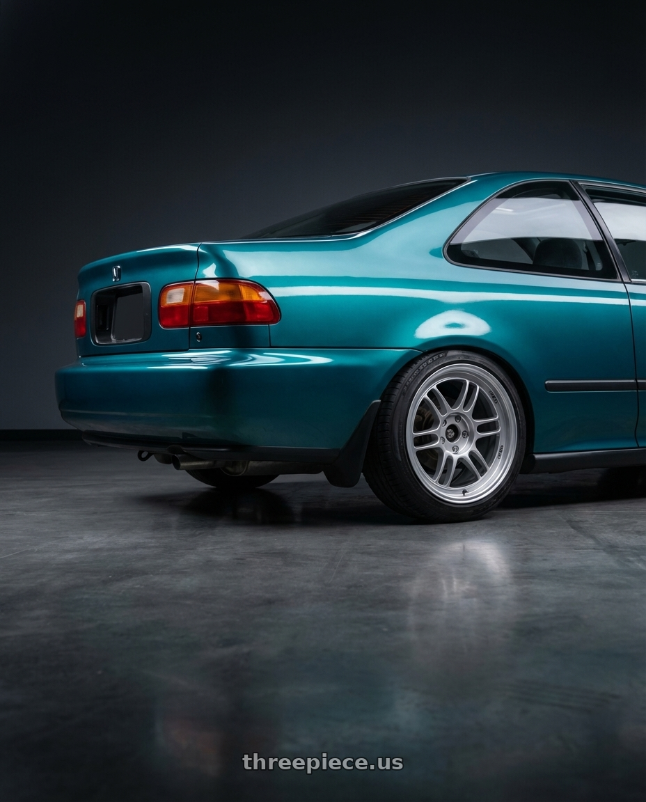 1993 Honda Civic ej2  with Enkei RPF1 4x100 16x8+38 Silver wheels rear three quarter view square tires