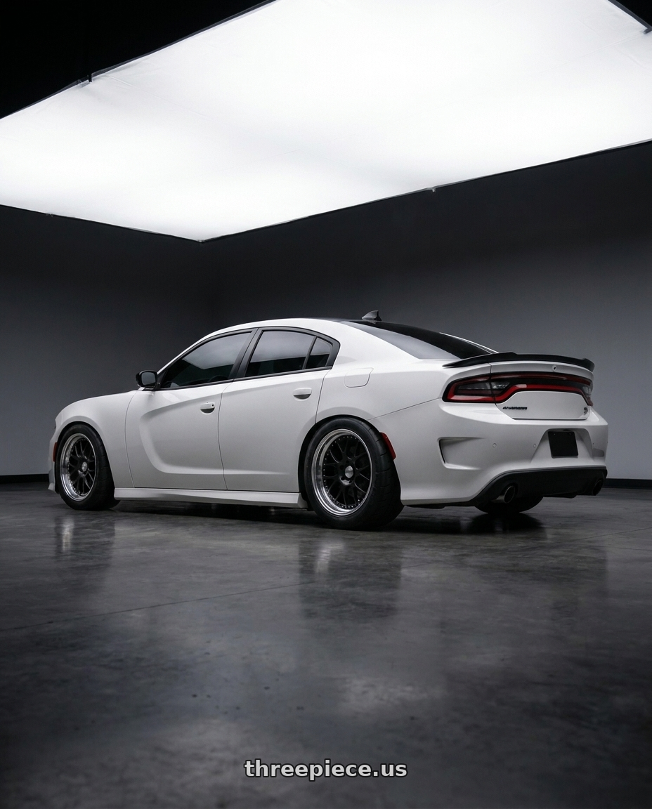 2021 dodge charger with SSR Professor MS3 5x115 20x9.5+22 MD Disk Flat Black wheels rear three quarter view square tires