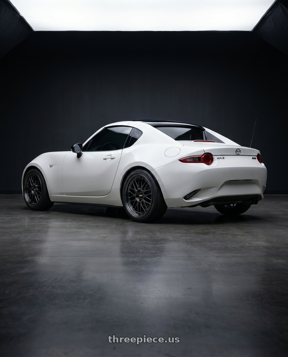 2024 Mazda Mx-5 with BBS LM 5x114.3 17x7.5+38 Diamond Black wheels rear three quarter view square tires