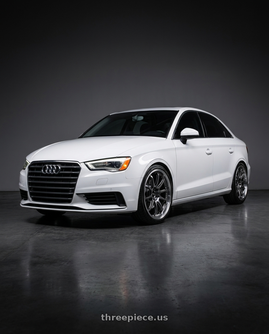2015 Audi A3 Quattro with Advan Racing RS-DF Progressive 5x112 19x9.5+29 Machining and Racing Hyper Black wheels front three quarter view lowered stance